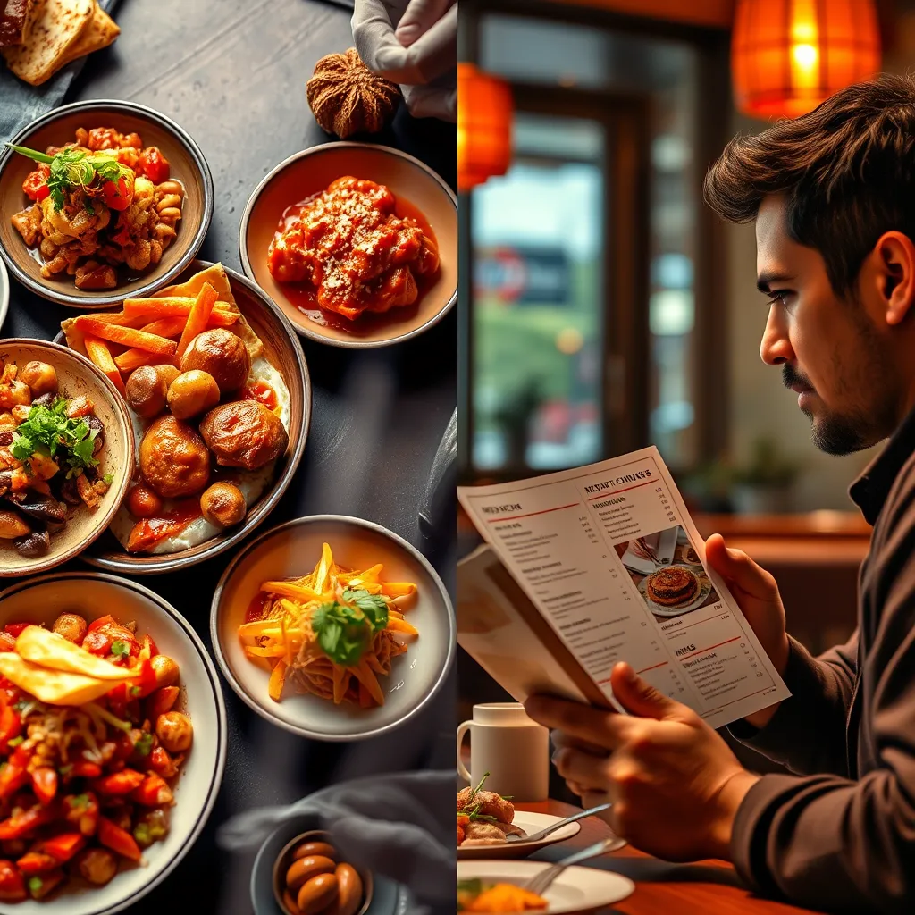 A split screen image. One side showcases a variety of dishes, highlighting different cuisines and styles. The other side displays a person browsing a restaurant menu, thoughtfully considering their options.