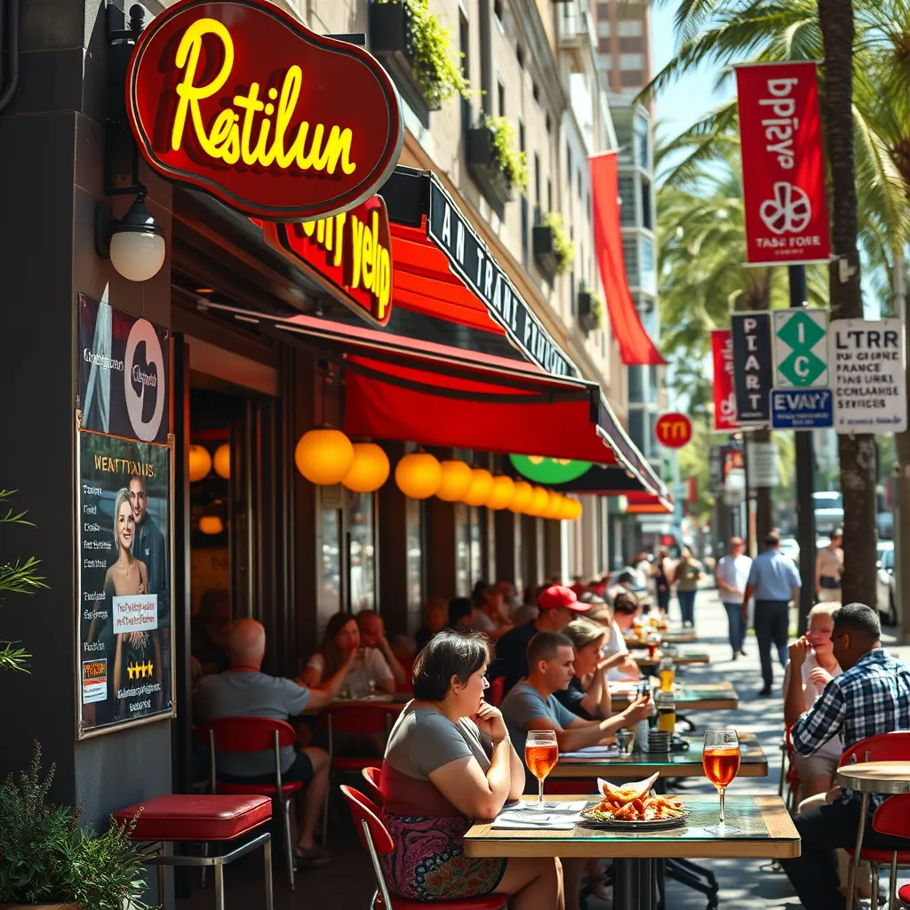 A vibrant city street with a bustling restaurant scene. People are dining outside on a sunny day, enjoying delicious food and drinks. The restaurant signage features glowing reviews from popular online platforms like Yelp and TripAdvisor.