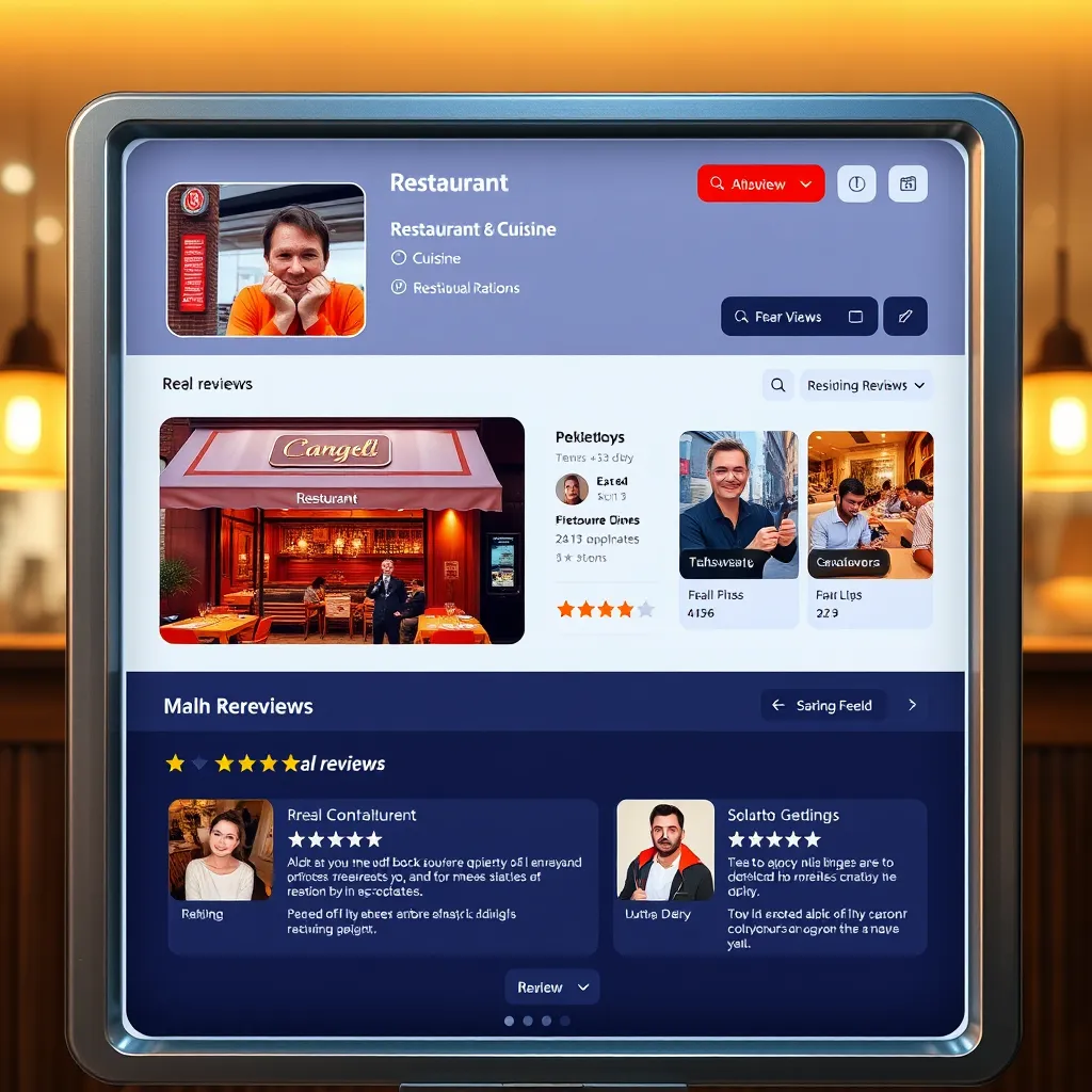 A visually appealing and user-friendly interface displaying restaurant reviews and ratings. The interface features a clean and modern design, with a focus on accessibility and readability.  The screen displays a restaurant profile, including a high-quality photo of the restaurant's exterior, its name, cuisine, and rating. Below, a scrolling feed showcases reviews and photos from real diners. Each review is accompanied by a star rating and a brief comment. Render the image in 8K resolution, with a focus on user interface clarity and intuitive navigation. The image should convey a sense of trustworthiness and authenticity, encouraging users to engage with the reviews.