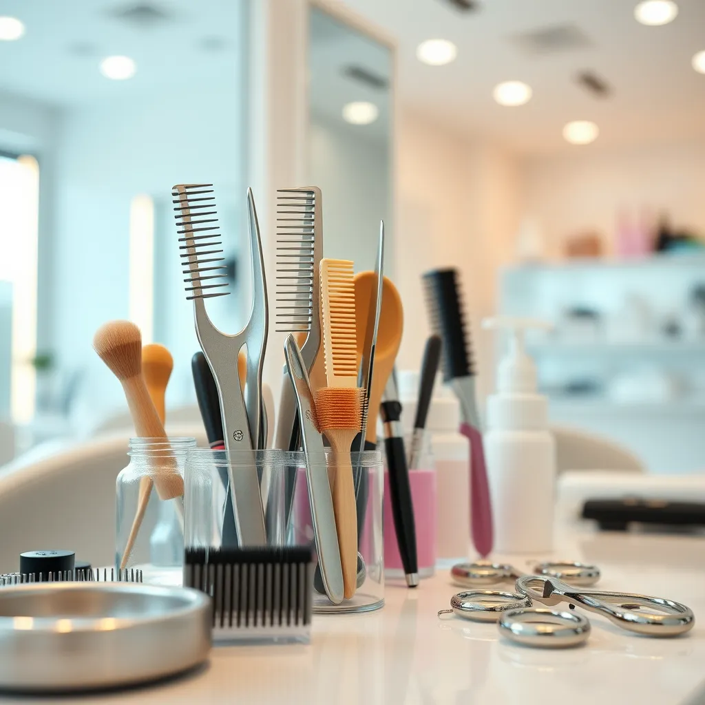 A close-up shot of a beauty salon's workspace, showcasing neatly arranged and sterilized tools, such as combs, brushes, and scissors. The background should be a clean and modern salon interior, emphasizing a sense of orderliness and hygiene.