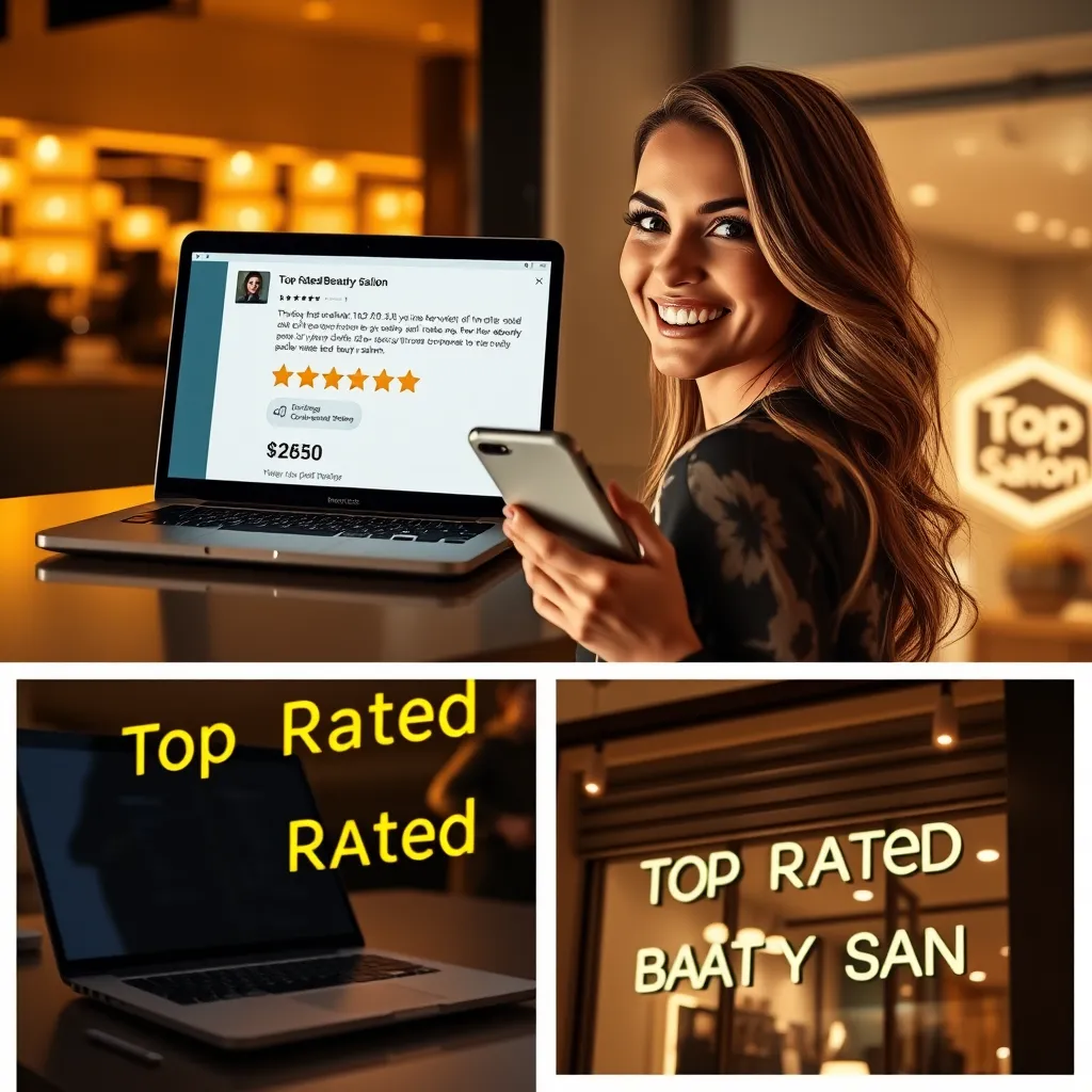 A collage-style image depicting a positive online review for a beauty salon.  The image should include: 1) A laptop screen displaying a glowing review with positive comments and a high rating. 2) A close-up shot of a satisfied client with a beautiful hairstyle, holding a phone and smiling at the camera. 3) A scene of the salon's exterior at night, with warm lights illuminating the storefront and a sign reading 'Top Rated Beauty Salon.'  The overall mood should be positive, trustworthy, and inviting.  Camera angle:  A mix of close-ups and wide-angle shots, showcasing the different elements of the collage.  Lighting:  Warm and inviting, with a focus on highlighting the positive aspects of the review and the salon.  Texture and material details:  Realistic textures for the laptop screen, the phone screen, the salon sign, and the client's clothing.  Environmental elements:  Softly lit background with a warm, inviting atmosphere.  Style:  Inspired by digital art and modern photography, with a focus on visual storytelling and capturing positive emotions.  Resolution: 8K, hyperrealistic, ultra-detailed.