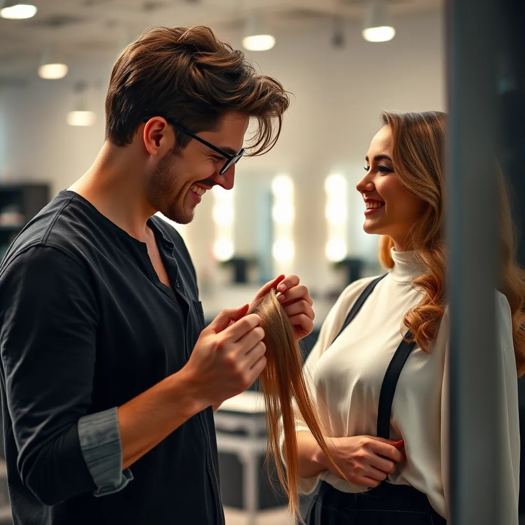 A friendly stylist and a client are engaged in a relaxed conversation in a well-lit salon setting. The stylist is holding a hair strand, examining it closely while the client smiles and looks at the mirror.