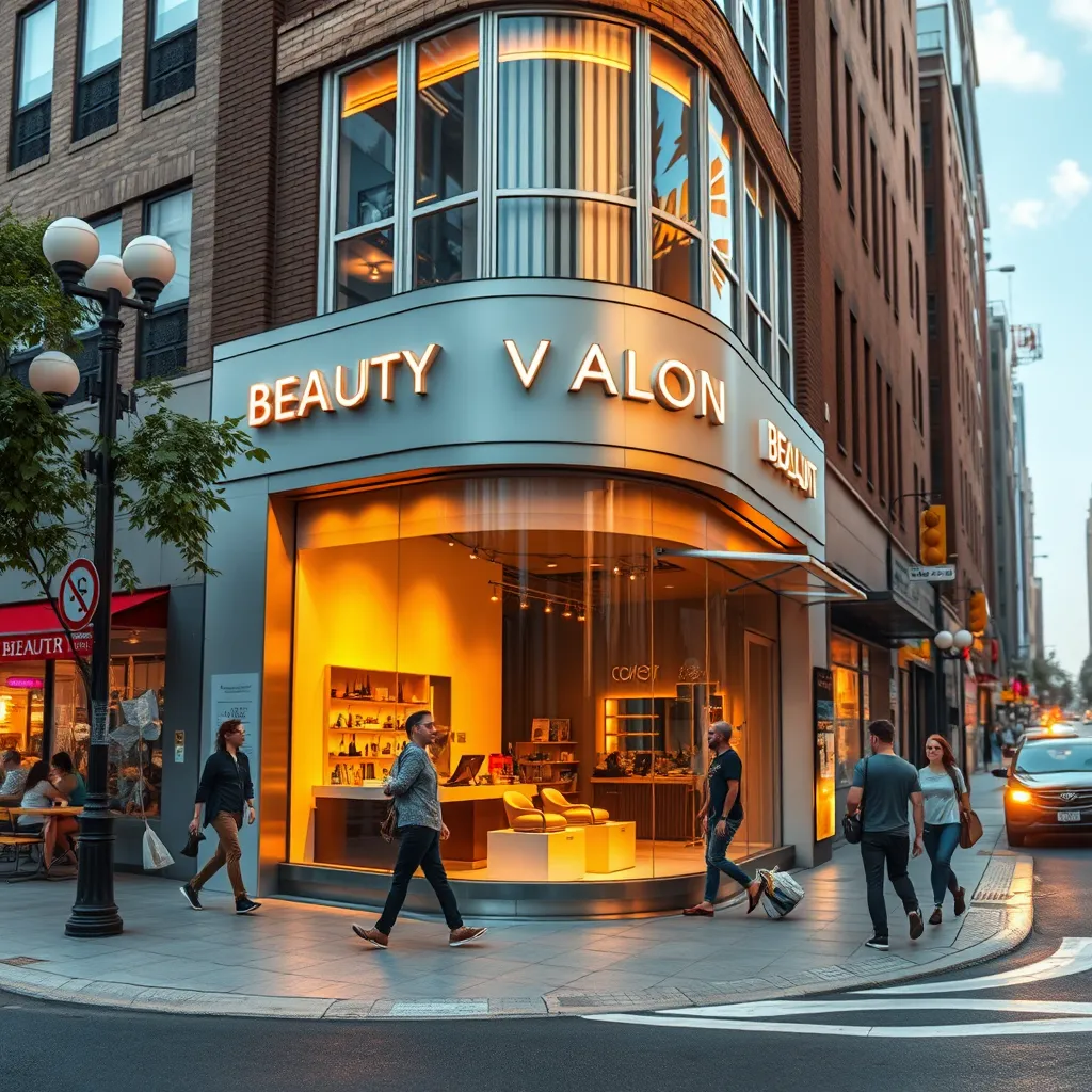 A photorealistic image of a bustling city street, with a modern, sleek beauty salon situated on the corner. The salon is bathed in warm, inviting light spilling onto the sidewalk, with a large storefront window displaying stylish interiors and hairdressing tools. There are people walking by on the street, some looking at the salon with interest. The image should have a vibrant, lively atmosphere, with a hint of urban sophistication.  Camera angle: Slightly elevated, showcasing the entire storefront and some surrounding street scene.  Lighting: Soft, natural light with a warm glow emanating from the salon.  Texture and material details:  Realistic textures for brickwork, streetlights, signage, glass, and polished concrete.  Environmental elements:  Sidewalk cafes, trees, busy traffic in the background, but not overwhelming.  Style: Inspired by modern urban photography, with a focus on bright, saturated colors and sharp details.  Resolution: 8K, hyperrealistic, ultra-detailed.