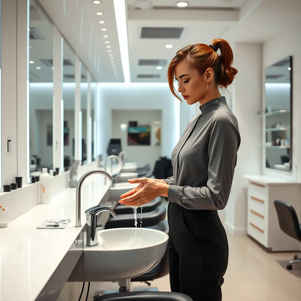 A salon interior with sleek, minimalist design, featuring sanitized equipment, a spotless work station, and a stylishly dressed stylist washing their hands with soap and water. The scene should convey a sense of hygiene and professionalism.