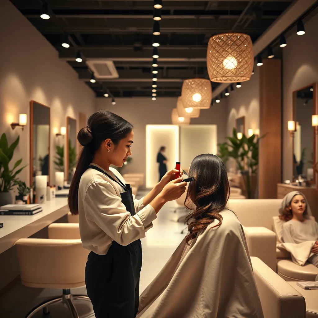 A serene and elegant beauty salon interior, with various stations and areas dedicated to different services.  Focus on a hairstylist working meticulously on a client's hair, using professional hair tools and products.  In the background, there is a manicurist attending to another client, and a woman receiving a facial treatment. The salon should have soft, diffused lighting and calming colors.  Camera angle: Close-up on the hairstylist and client, with a wide-angle view capturing the entire salon's atmosphere.  Lighting: Soft, warm, and inviting, creating a sense of calm and luxury.  Texture and material details:  Smooth, clean surfaces for styling stations, plush furniture, and elegant lighting fixtures.  Environmental elements:  Plants, soft music playing in the background, a subtle scent of essential oils.  Style: Inspired by minimalist design, with a focus on soft lighting and clean lines.  Resolution: 8K, hyperrealistic, ultra-detailed.