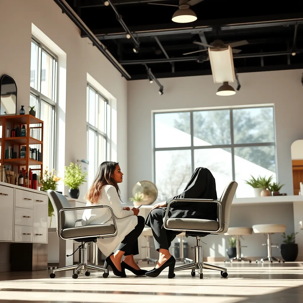 A stylist and a client sitting face-to-face in a salon, discussing the client's hair needs and desired style. The salon interior is bright and welcoming, with natural light streaming through large windows. The image should focus on the interaction between the client and stylist, emphasizing the feeling of trust and communication.