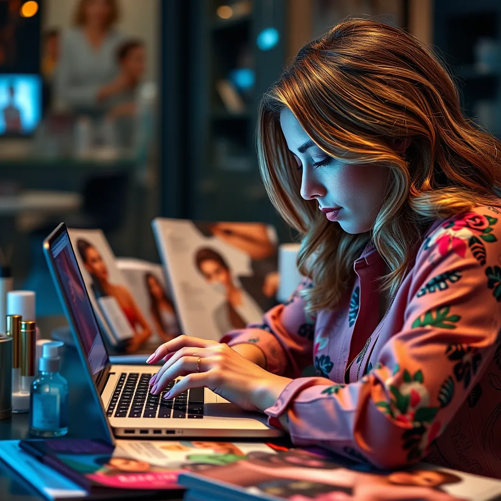 A woman looking intently at a laptop screen, surrounded by colorful magazines and beauty products, researching a salon's online reviews. The scene should have a modern and sophisticated feel.