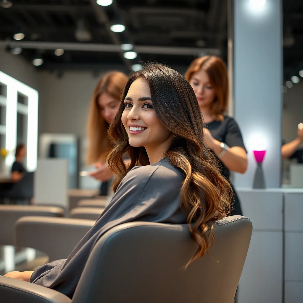 A woman sitting in a salon chair, looking in a mirror at her hair, while a stylist is working on her hair. The woman has a happy and relaxed expression on her face. The salon is modern and stylish with sleek lighting and clean lines. The image should convey the feeling of personalized care and attention to detail.