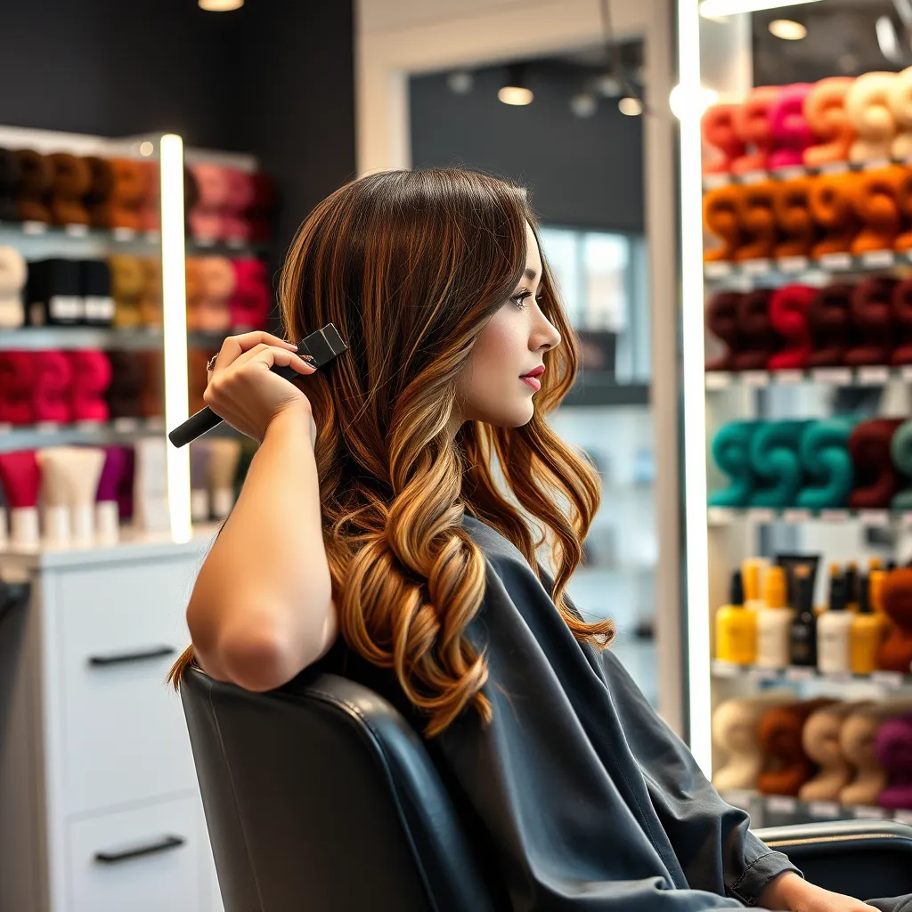 A woman sitting in a salon chair with a stylist applying hair dye to her hair. The image should showcase a variety of hair colors and styles in the salon's display, highlighting the salon's expertise in hair coloring.