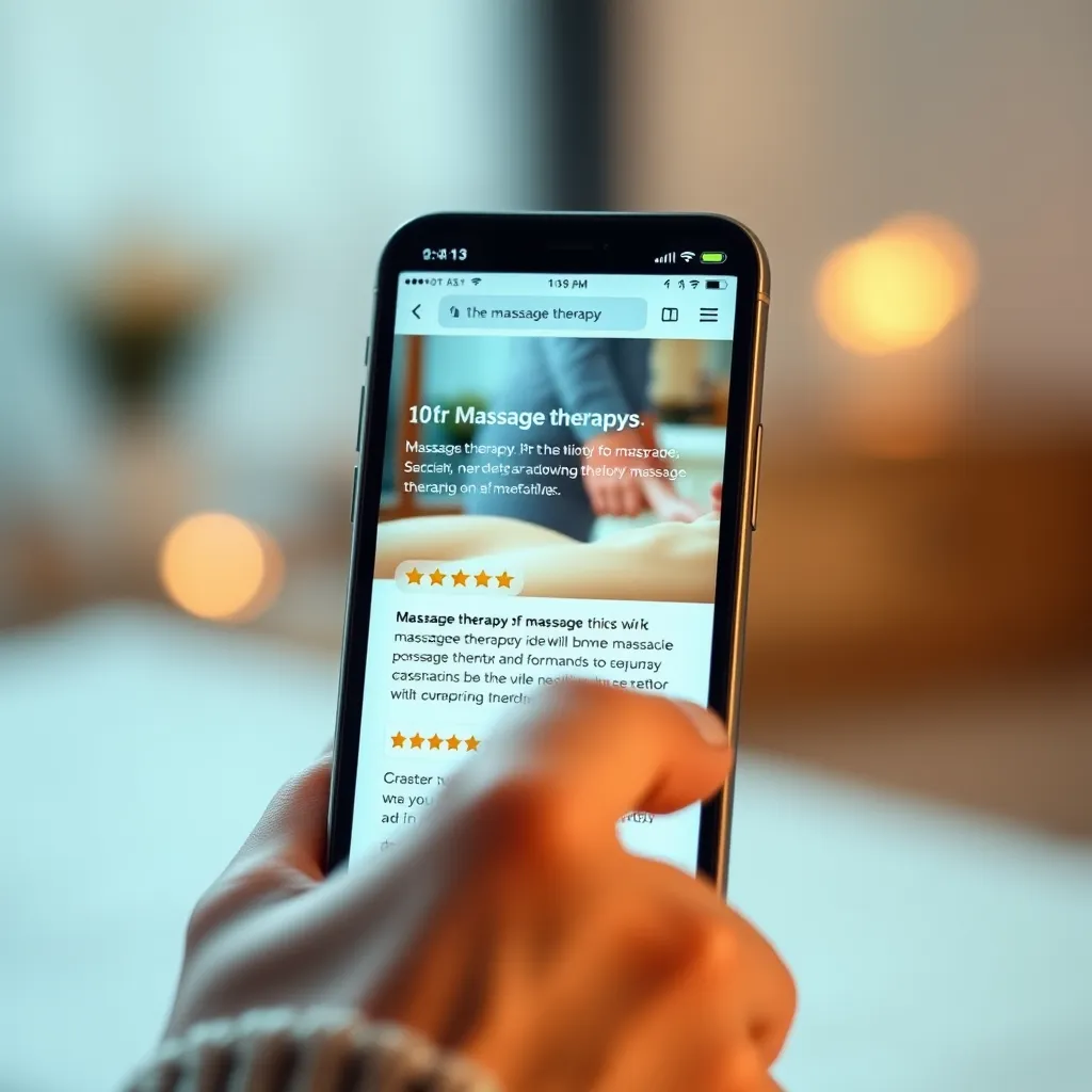 A close-up shot of a person's hand scrolling through a phone screen, displaying a massage therapy website with glowing reviews. The background should be blurred with calming colors, creating a serene atmosphere.