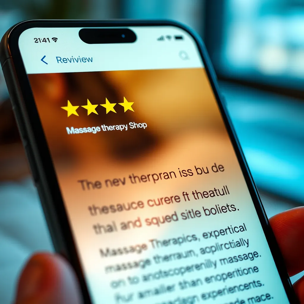 A close-up shot of a phone screen displaying a glowing review for a massage therapy shop. The review mentions the therapist's expertise, professionalism, and the overall positive experience. 