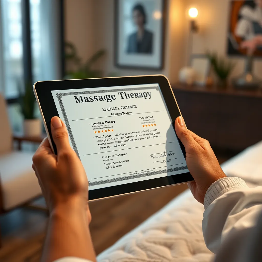 A close-up shot of a therapist's hands holding a massage therapy license and a tablet displaying glowing online reviews. The background should be a professional massage therapy office setting with calming decor.