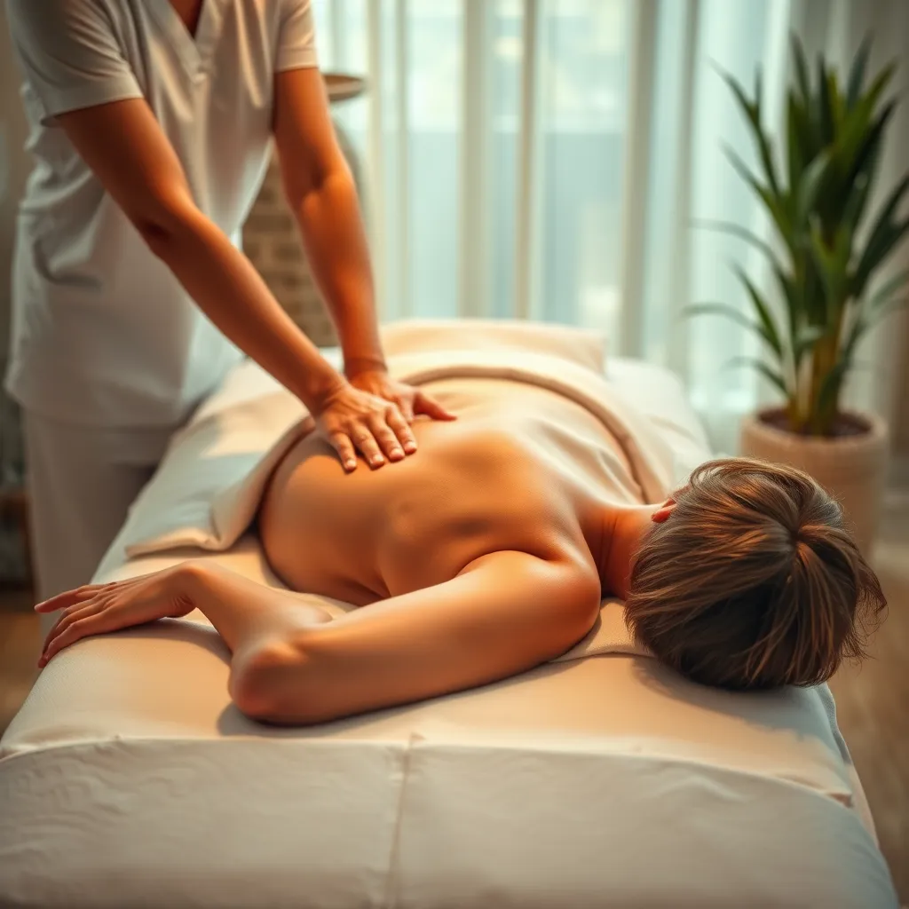 A person lying on a massage table with a therapist performing a deep tissue massage, focusing on the therapist's hands and the client's relaxed expression. The room should be calming and spa-like with soft lighting, natural elements, and calming colors.