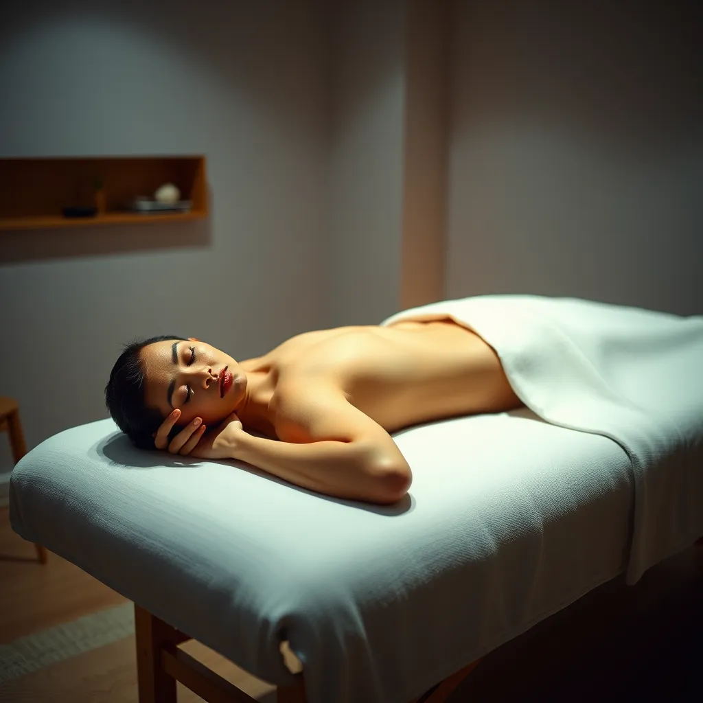 A person lying on a massage table, relaxed with their eyes closed, while a therapist gently massages their back. The room is calming with soft lighting and a serene atmosphere. 