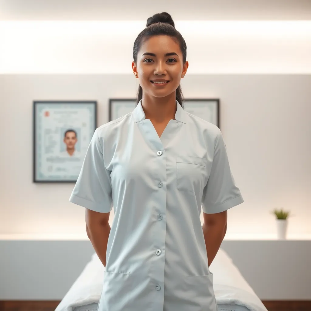 A professional massage therapist, dressed in a white uniform, is standing in a well-lit massage room, displaying their license and certificate on a wall. The background should be clean and minimalist, showcasing a calm and trustworthy environment.