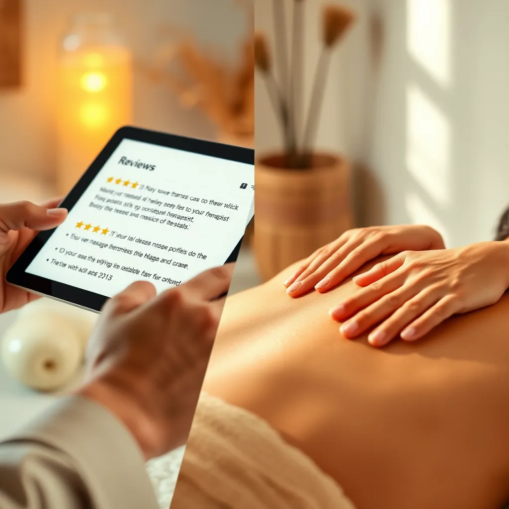 A split-screen image. On the left, a person's hand scrolls through online reviews on a tablet, highlighting positive testimonials about a massage therapist. The screen should be brightly lit, showcasing star ratings and comments praising the therapist's skills, professionalism, and care. On the right, a close-up shot of a therapist's hands gently massaging a client's back. The lighting is warm and natural, illuminating the therapist's hands and the client's relaxed facial expression. The background is a calming, minimalist spa setting with soft colors and natural textures. The image is taken from a slightly elevated angle, emphasizing the therapist's expertise and the client's comfort. The overall mood is serene and trustworthy. The image is rendered in 8K resolution with hyperrealistic detail, capturing the textures of the tablet, hands, and spa environment.