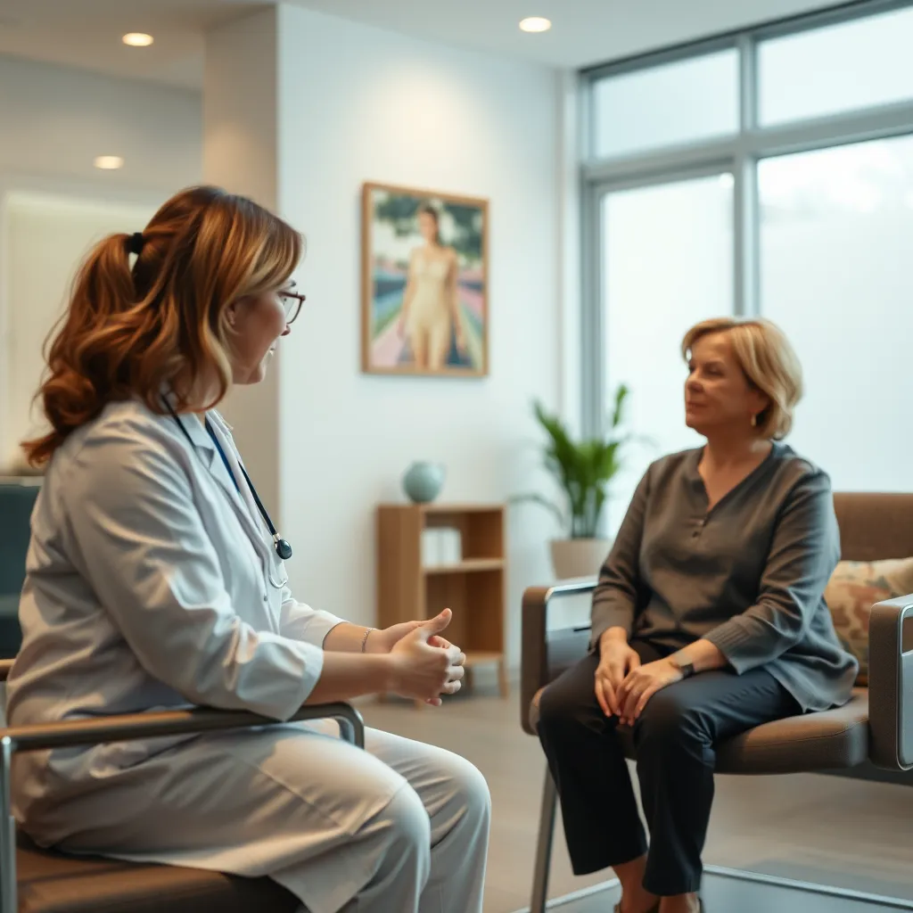 A therapist and a client are engaged in a conversation, sitting comfortably in a serene waiting area. The scene should depict a warm and welcoming atmosphere, highlighting open communication and personalized care.