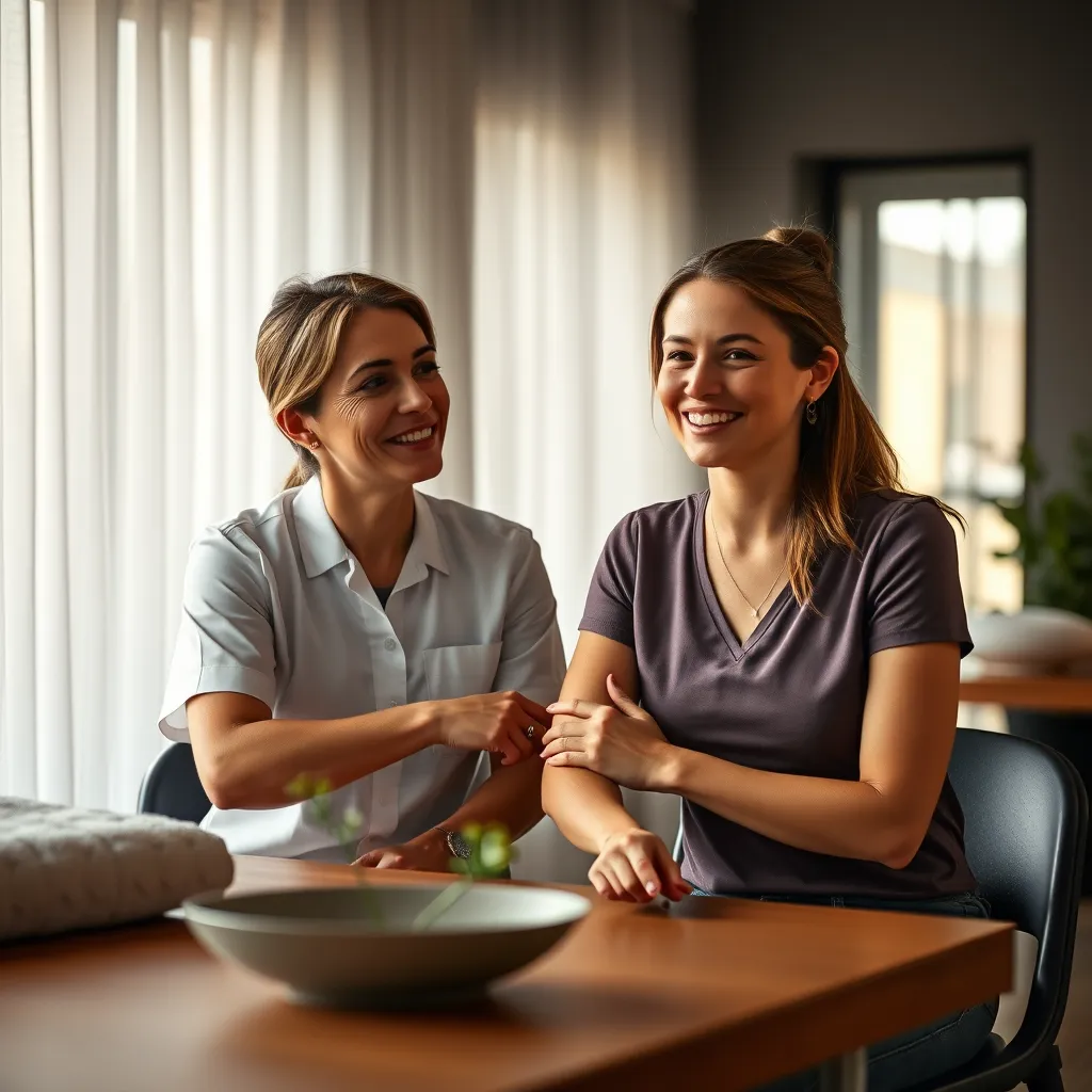 A therapist and a client sitting at a table, discussing the client's massage goals. The therapist is smiling and attentive, while the client looks confident and relaxed.