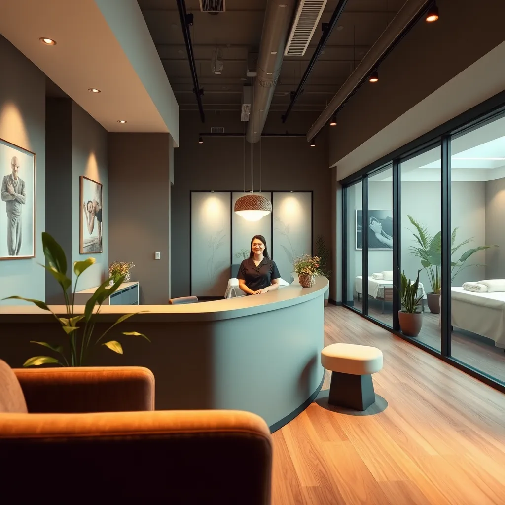 A wide-angle shot of a massage therapy shop's reception area. The scene is bathed in soft, diffused lighting, creating a warm and inviting atmosphere. The reception desk is sleek and modern, with a calming color palette of muted greens and browns. A potted plant adds a touch of nature to the space. Behind the reception desk, a therapist in a professional uniform warmly greets a new client, offering a welcoming smile. In the background, through a large window, glimpses of a massage room can be seen, with calming decor and comfortable massage tables. The image is taken from a slightly elevated perspective, showcasing the shop's overall ambiance and professionalism. The image is rendered in ultra-high resolution with hyperrealistic detail, capturing the textures of the furniture, the therapist's uniform, and the surrounding environment. The image evokes a sense of tranquility and confidence, highlighting the shop's commitment to providing a positive and professional experience.