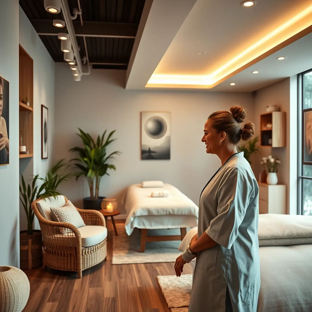 A wide shot of a massage therapy shop interior. The room should be decorated in a calming and inviting style with soft lighting, comfortable seating areas, calming colors, and natural elements. Show a therapist greeting a client with a warm smile.